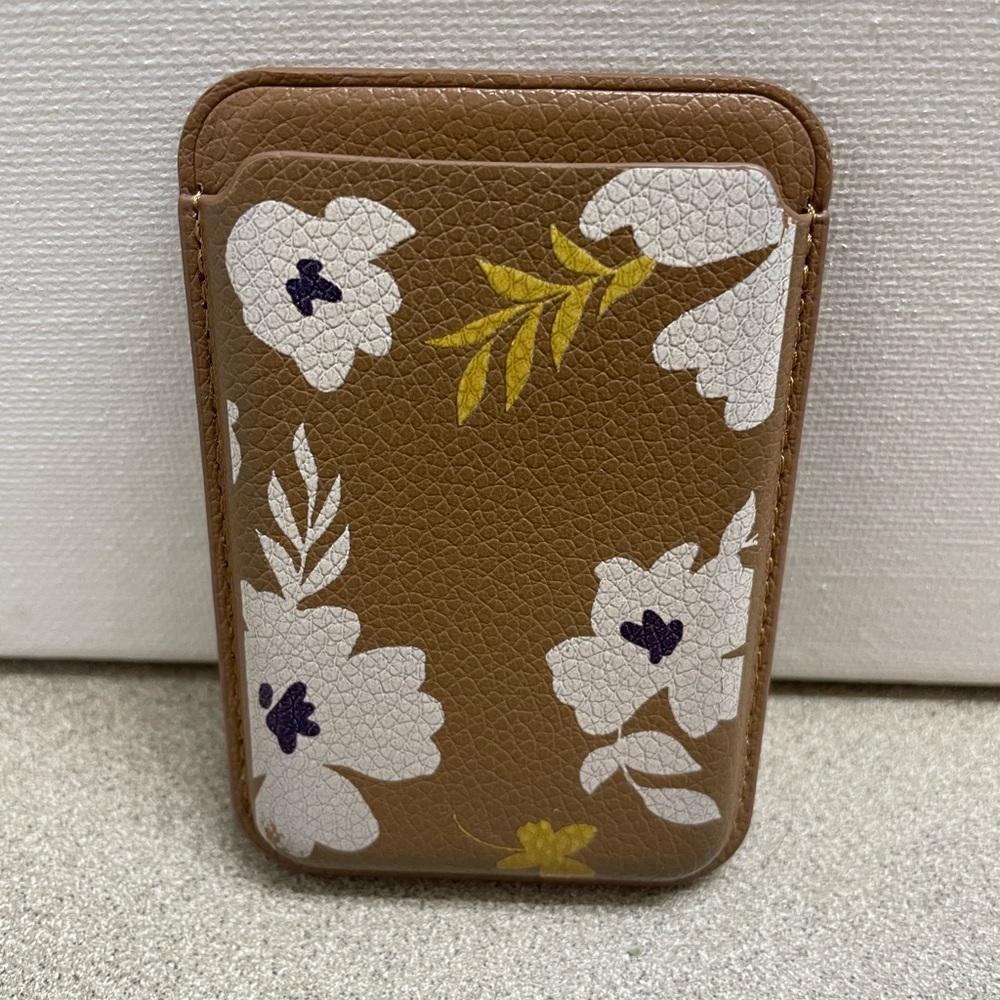 MVMT Leather Magnetic Magsafe Wallet Tan White Gold Flowers Leaves